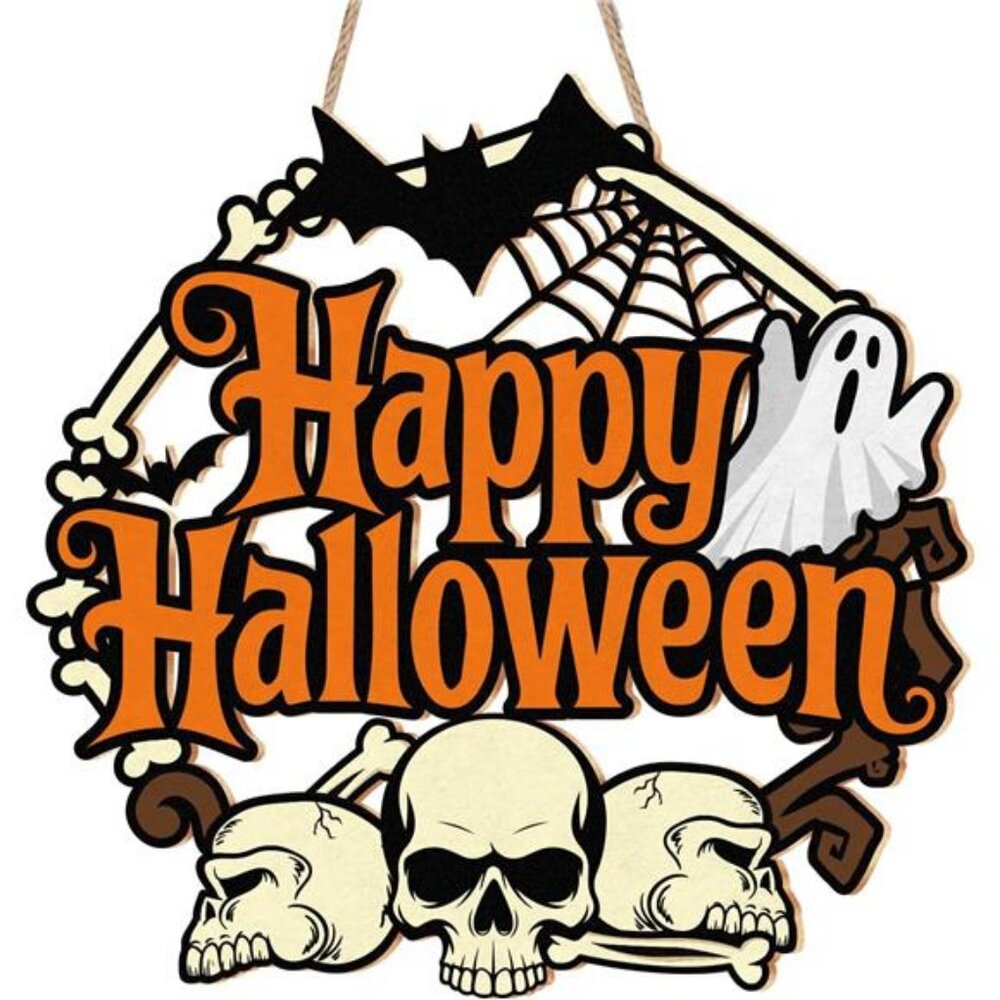 Halloween Door Wreath, Happy Halloween Sign Wooden Ghosts Skulls Bats Halloween